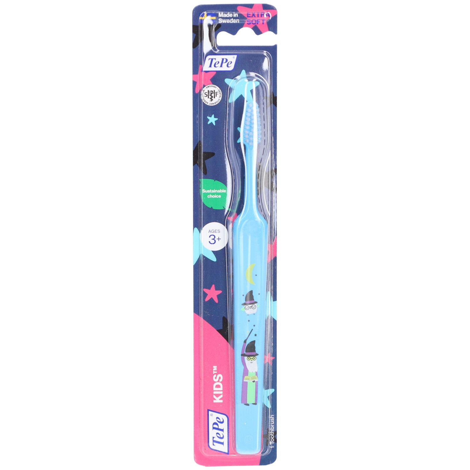 Brosse à dents enfant bleue avec motif sorcière, extra souple, pour enfants dès 3 ans.