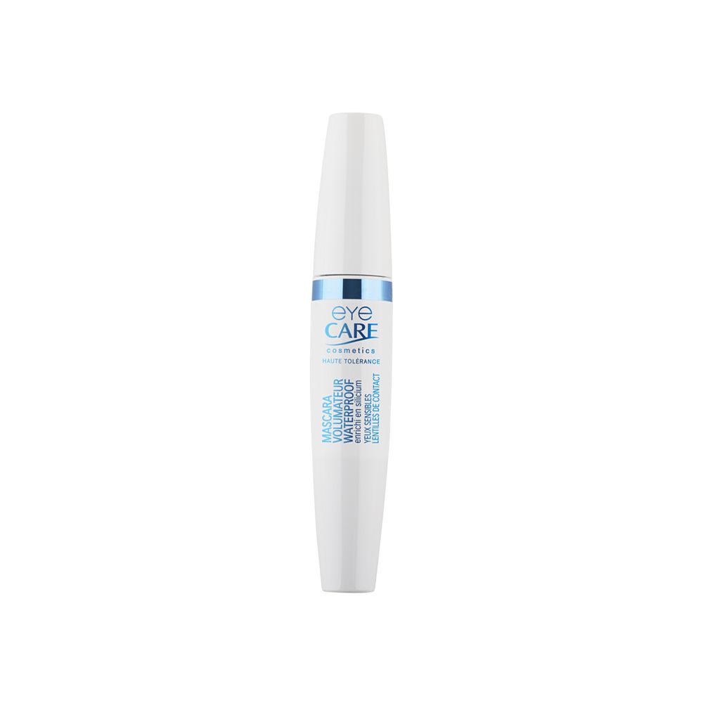 Tube de mascara blanc avec bande noire et bleue. Texte: EYE CARE, Mascara Volumateur Waterproof, yeux sensibles, lentilles.