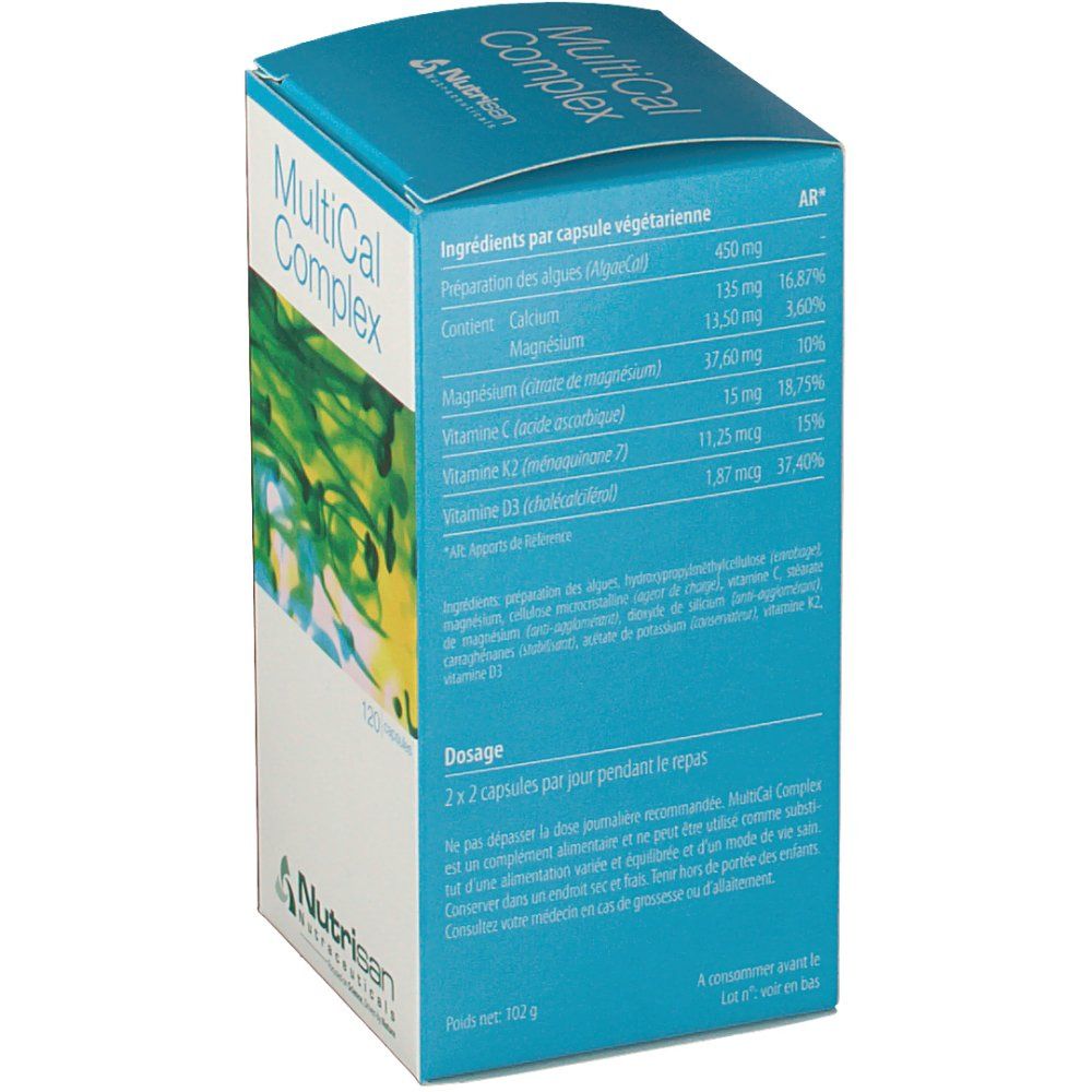 Dos de la boîte Nutrisan MultiCal Complex. Contient des informations sur les ingrédients et le dosage en français.