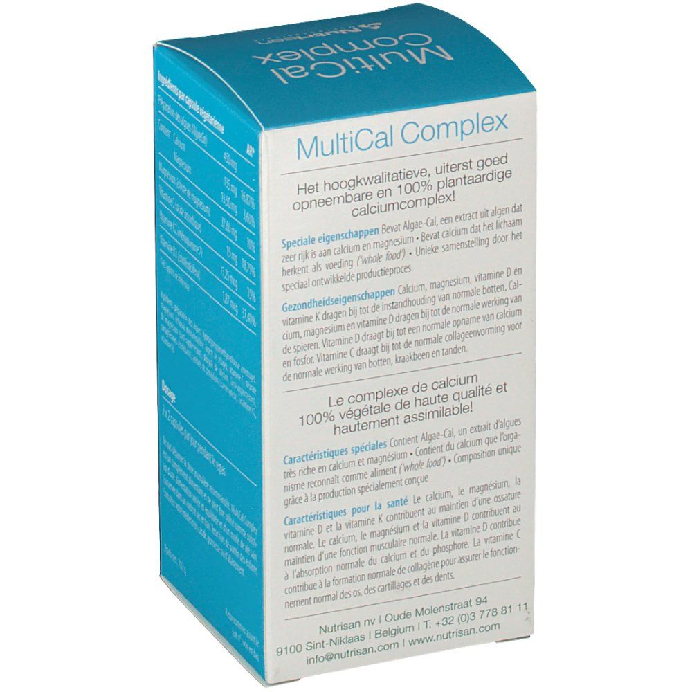 Dos de la boîte Nutrisan MultiCal Complex. Texte en néerlandais. Contient des informations sur le produit.