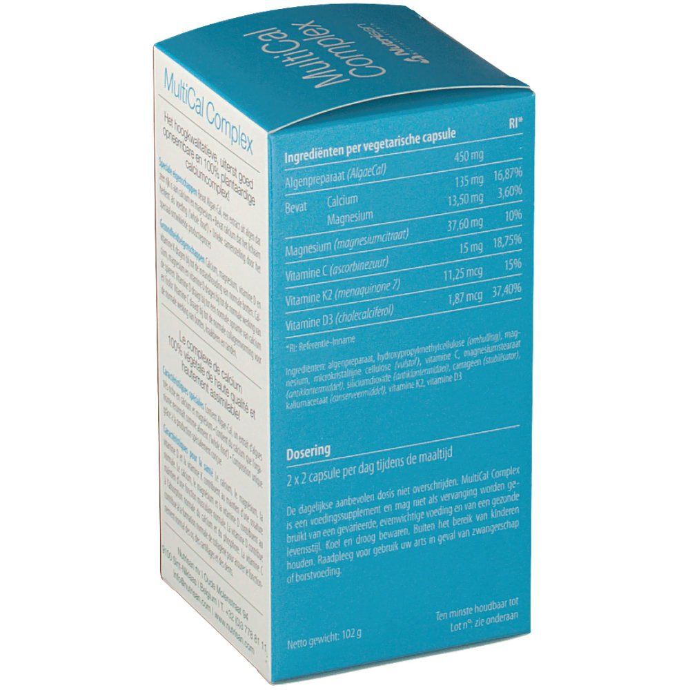 Dos de la boîte Nutrisan MultiCal Complex. Texte en néerlandais. Contient des informations sur les ingrédients et le dosage.