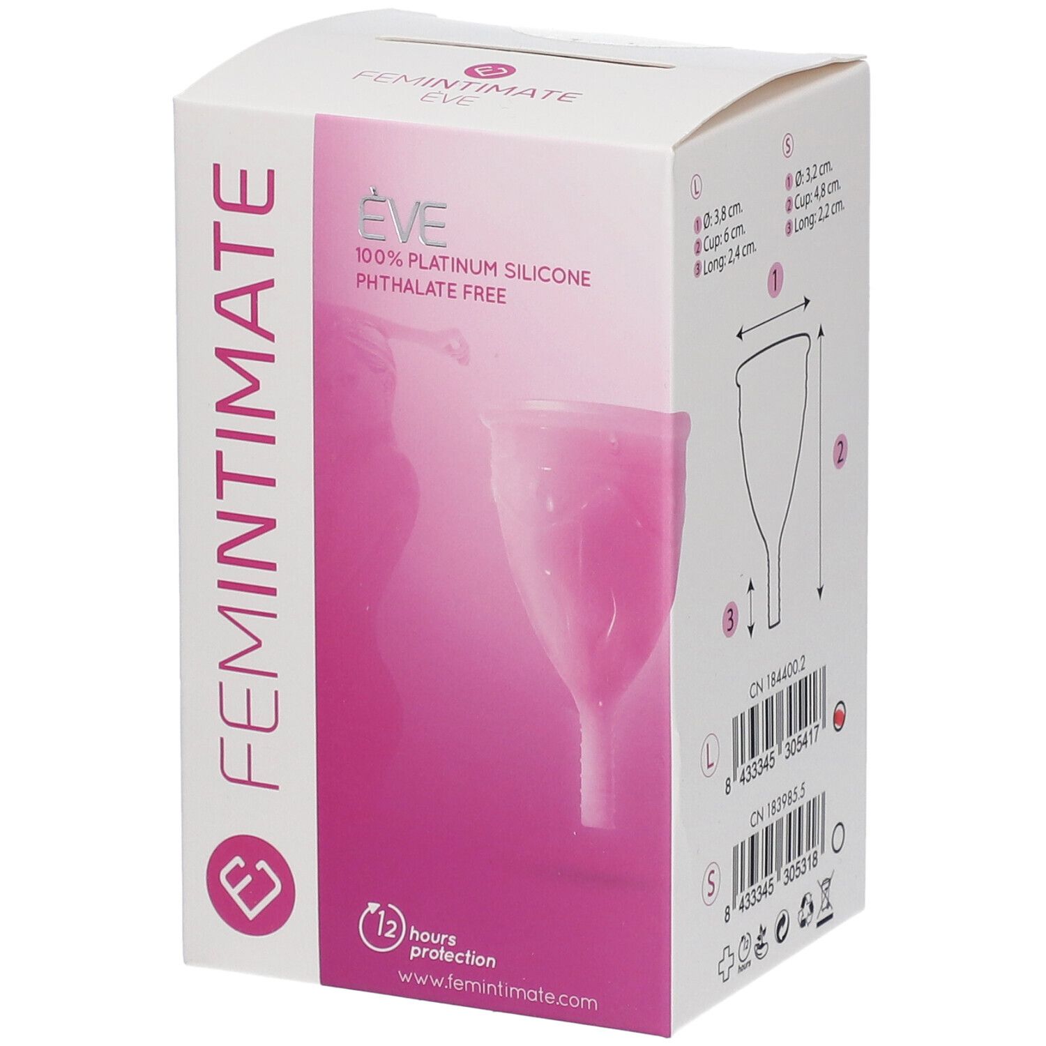 Boîte Femintimate Eve. Coupe menstruelle rose. Texte: 100% Silicone Platine, Sans phtalate. Dimensions et informations.