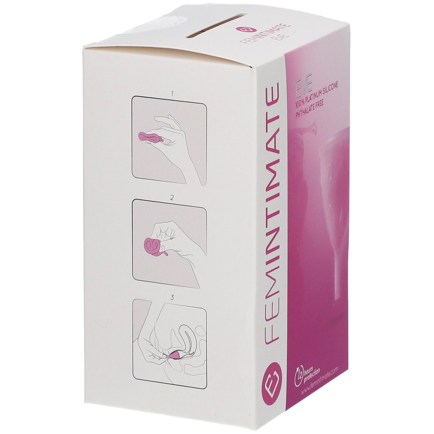 Boîte Femintimate Eve. Illustrations d'utilisation. Texte: Femintimate Eve. Emballage blanc et rose.