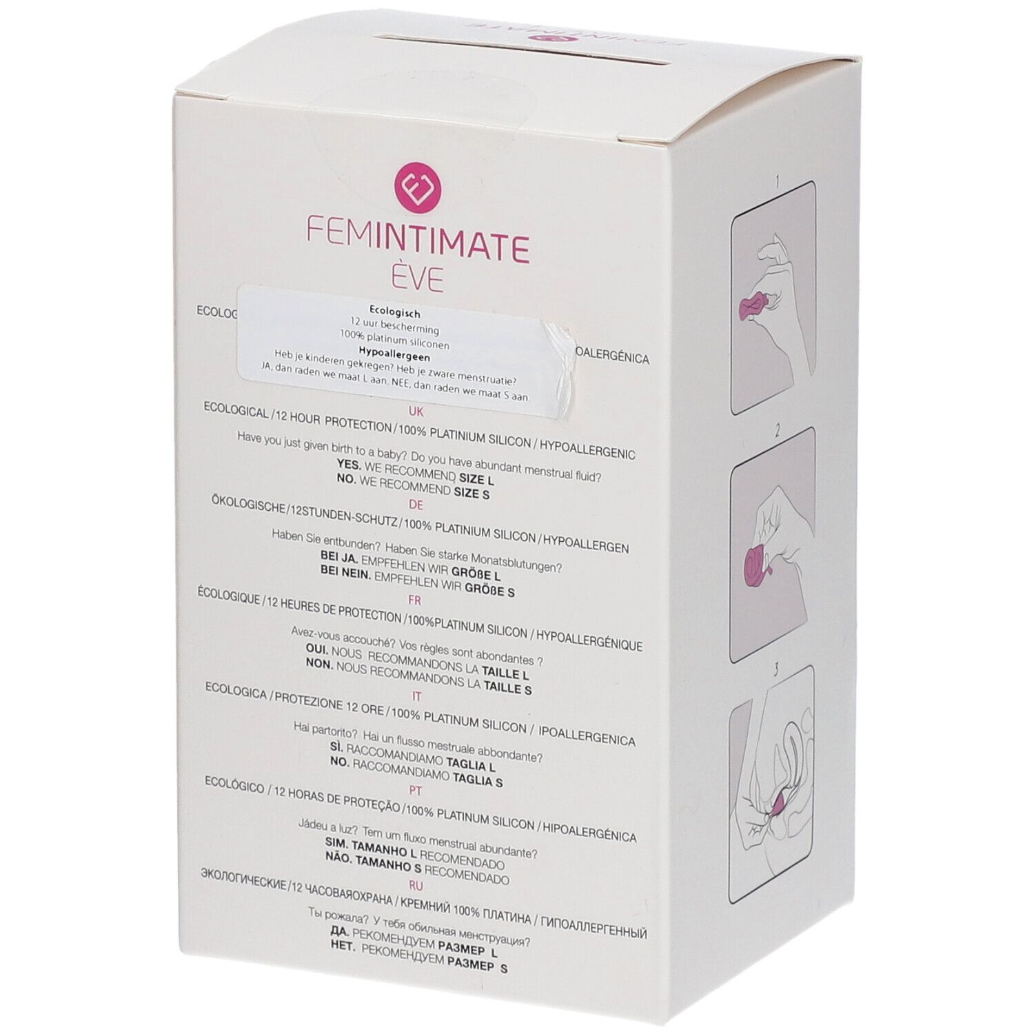 Boîte Femintimate Eve. Texte multilingue. Illustrations d'utilisation. Emballage blanc et rose.