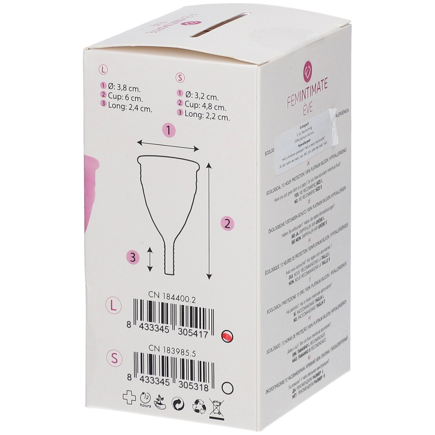 Boîte Femintimate Eve. Indications de taille et dimensions de la coupe menstruelle. Codes-barres.