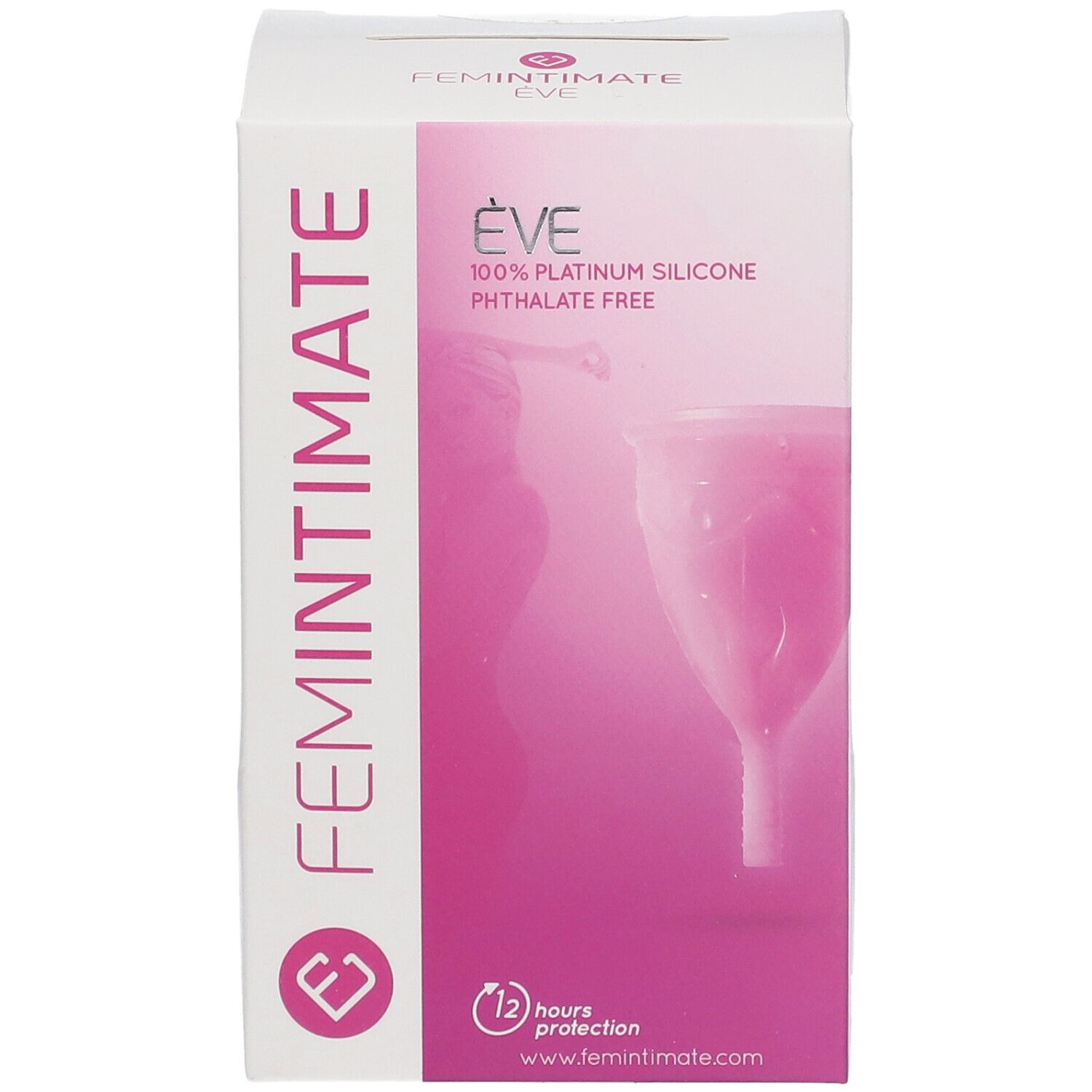 Boîte Femintimate Eve. Coupe menstruelle rose. Texte: 100% Silicone Platine, Sans phtalate.