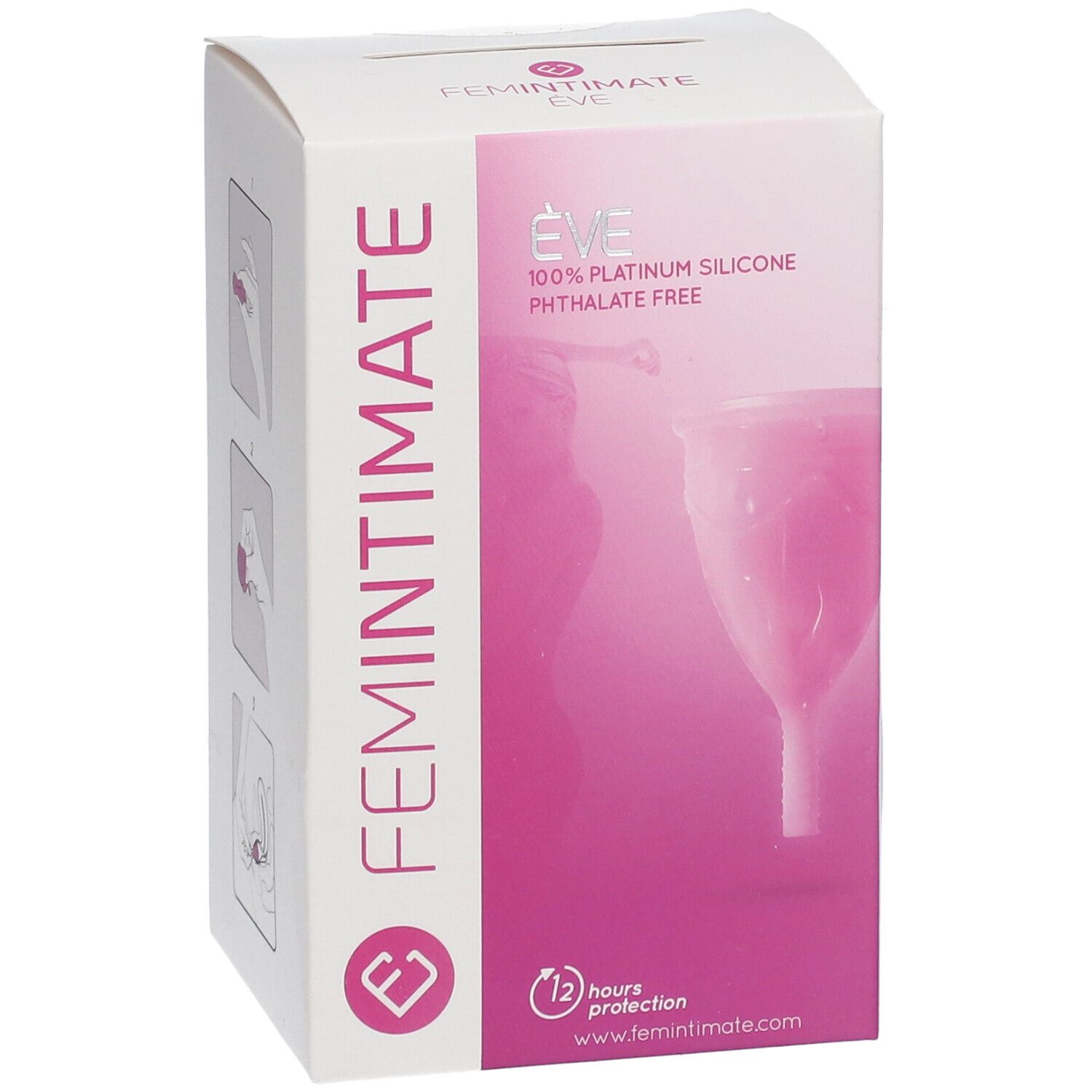 Boîte Femintimate Eve. Illustrations d'utilisation. Texte: Femintimate Eve. Emballage blanc et rose.