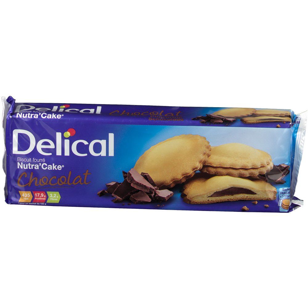 Emballage Delical Nutra'Cake Chocolat. Emballage bleu avec image du produit et logo. Vue de dessus.