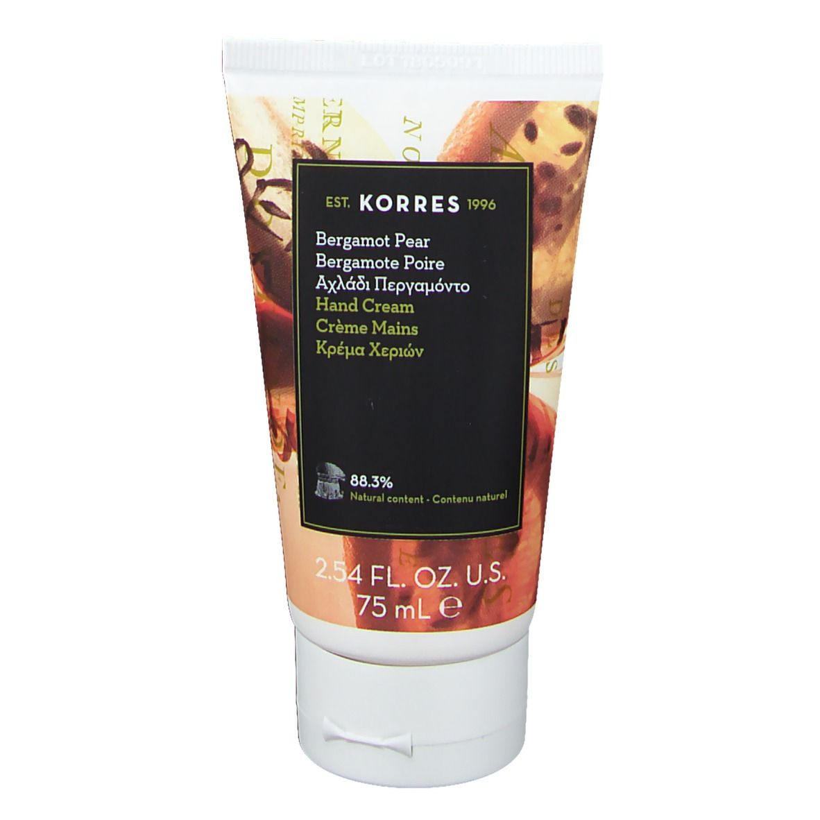 Tube de crème pour les mains avec nom du produit et logo. Étiquette noire avec texte multilingue. 75 ml.