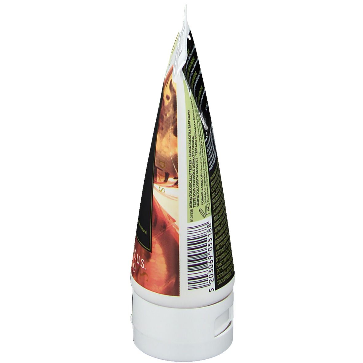 Vue latérale du tube de crème pour les mains. Bouchon blanc, corps du tube coloré. Texte et graphiques sur le tube.