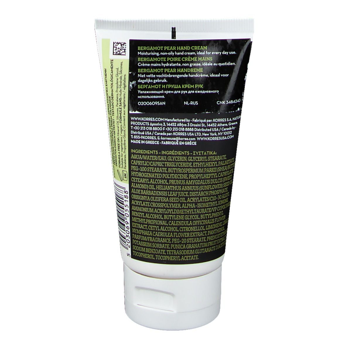 Dos du tube de crème pour les mains. Texte multilingue, ingrédients et informations du fabricant.