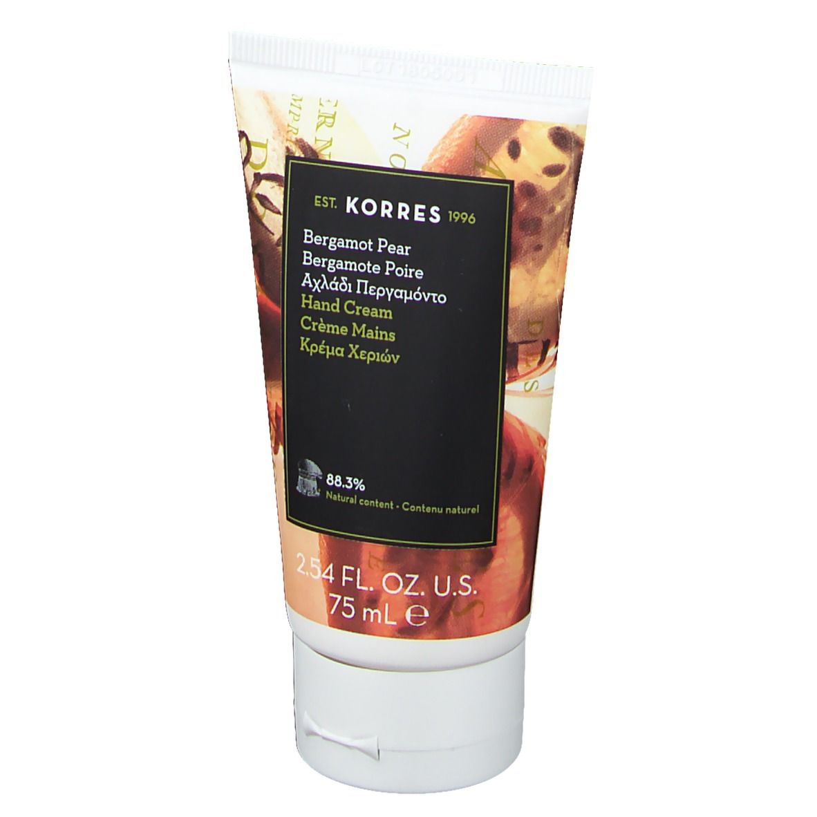Tube de crème pour les mains avec nom du produit et logo. Étiquette noire avec texte multilingue. 75 ml.