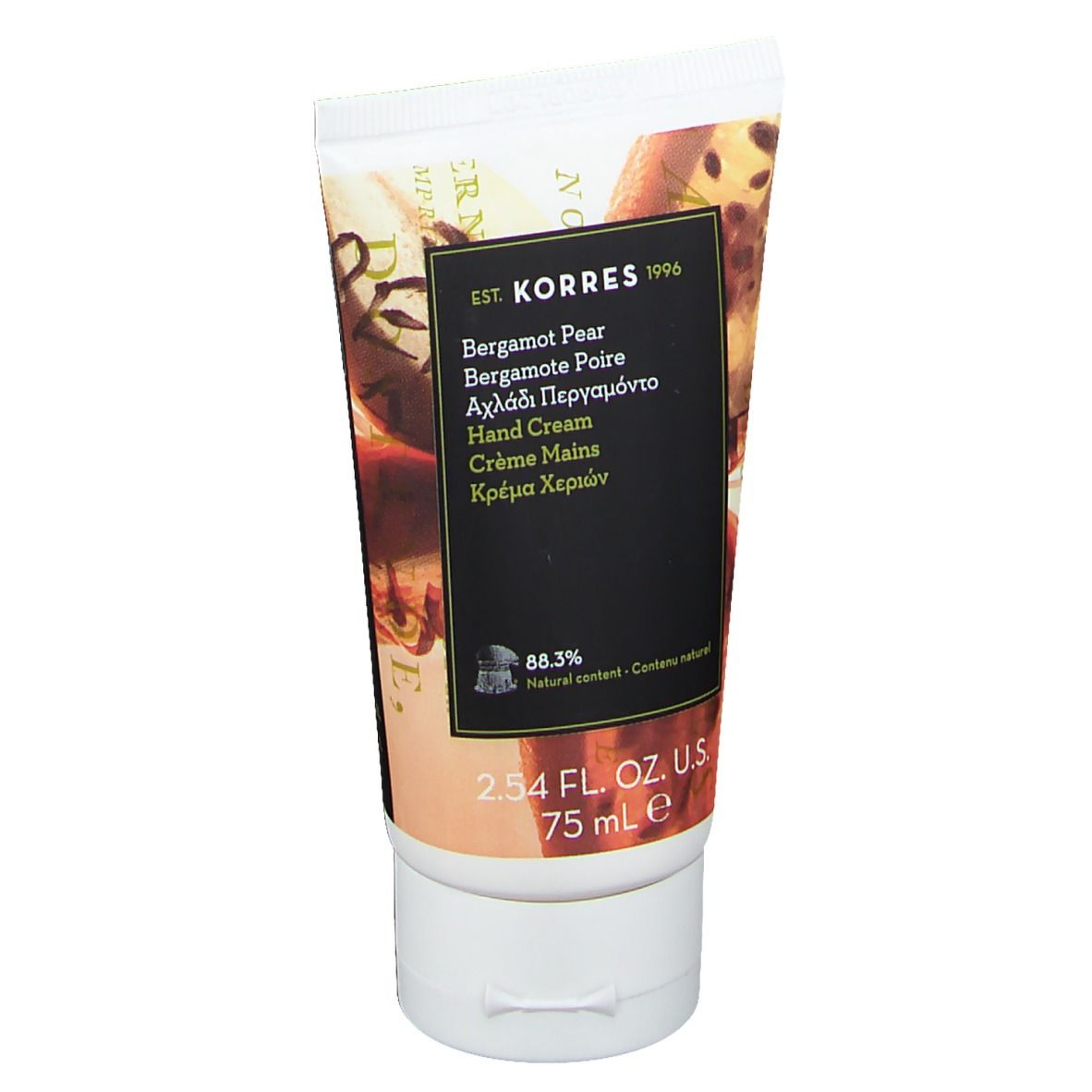 Tube de crème pour les mains avec nom du produit et logo. Étiquette noire avec texte multilingue. 75 ml.