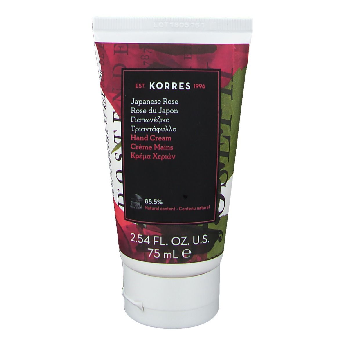 Tube de crème pour les mains Japanese Rose. Étiquette noire avec nom du produit et marque KORRES. 75 ml.