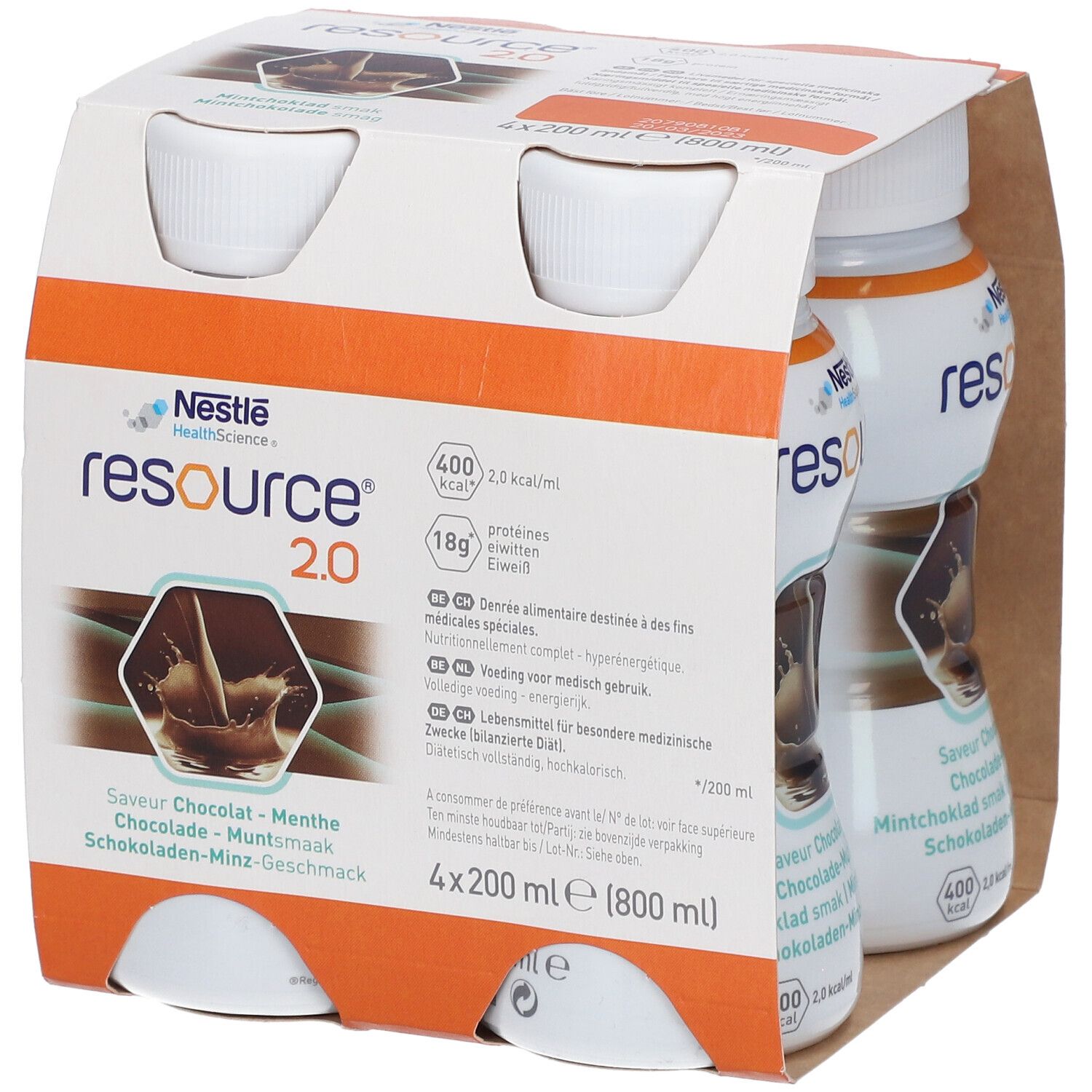 Emballage de quatre bouteilles. Inscription: resource 2.0, Chocolat-Menthe. Logo Nestle Health Science. 4x200 ml.