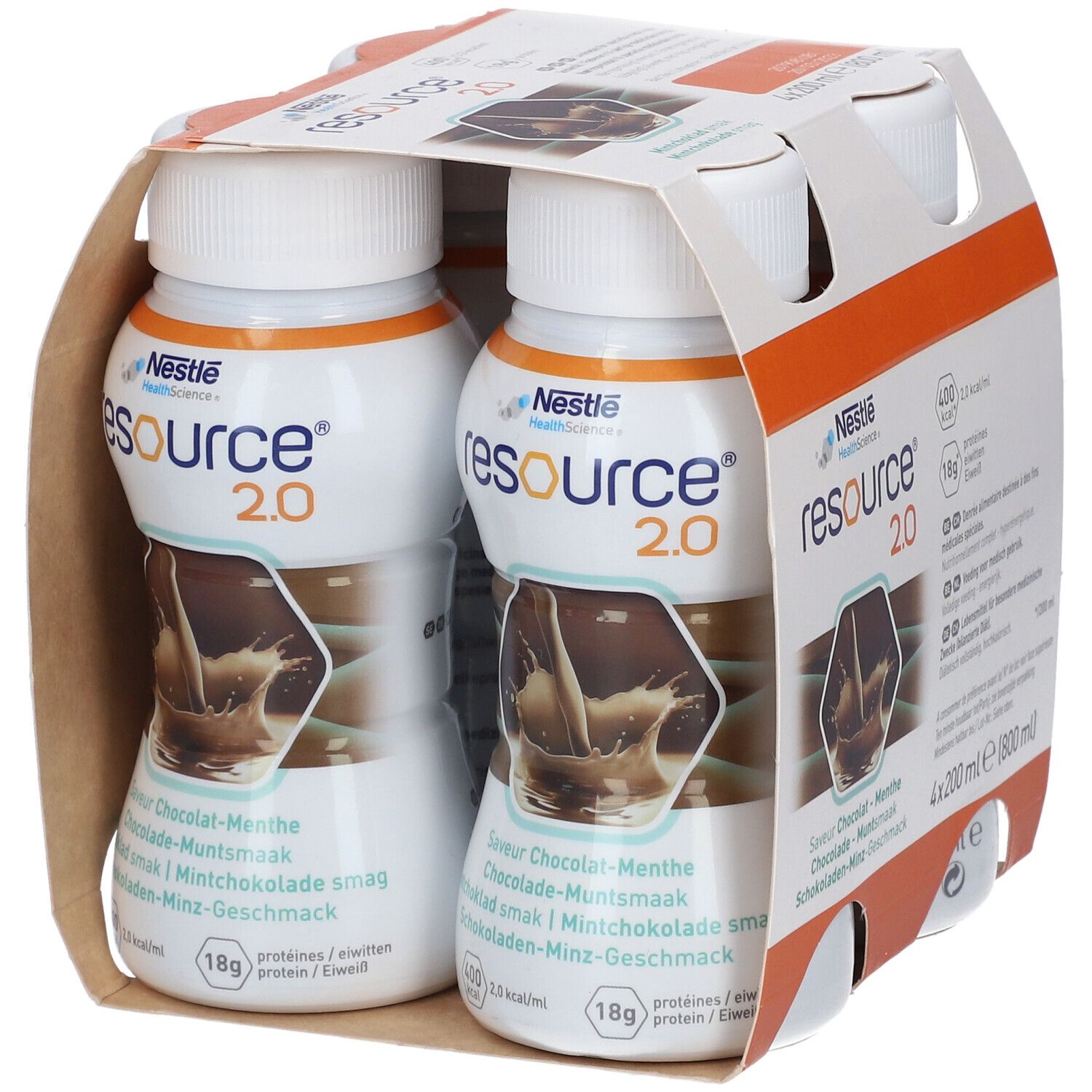 Emballage de quatre bouteilles. Inscription: resource 2.0, Chocolat-Menthe. Logo Nestle Health Science. 4x200 ml.