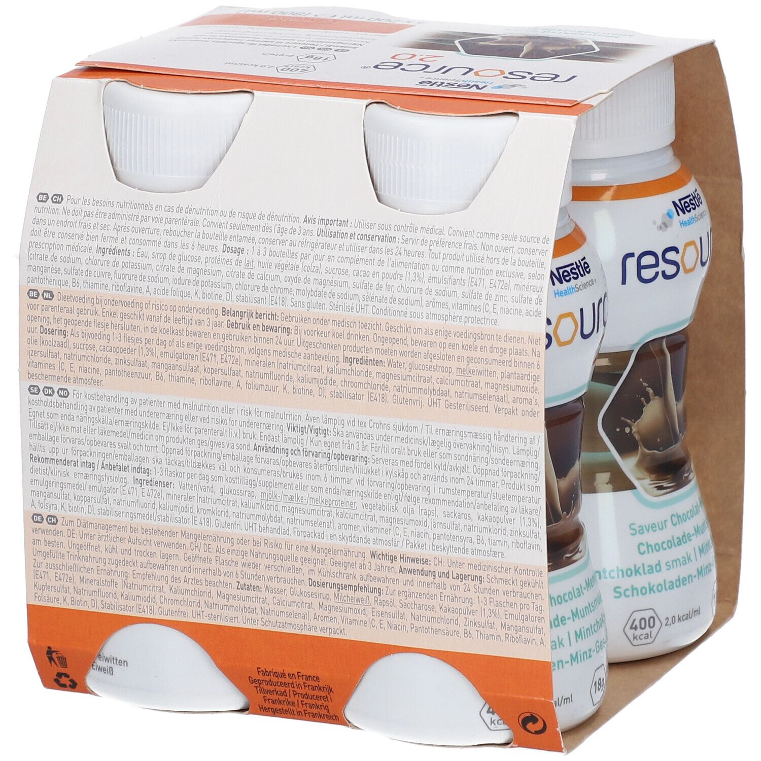 Dos de l'emballage avec texte. Inscription: resource 2.0, Chocolat-Menthe. Logo Nestle Health Science. 4x200 ml.