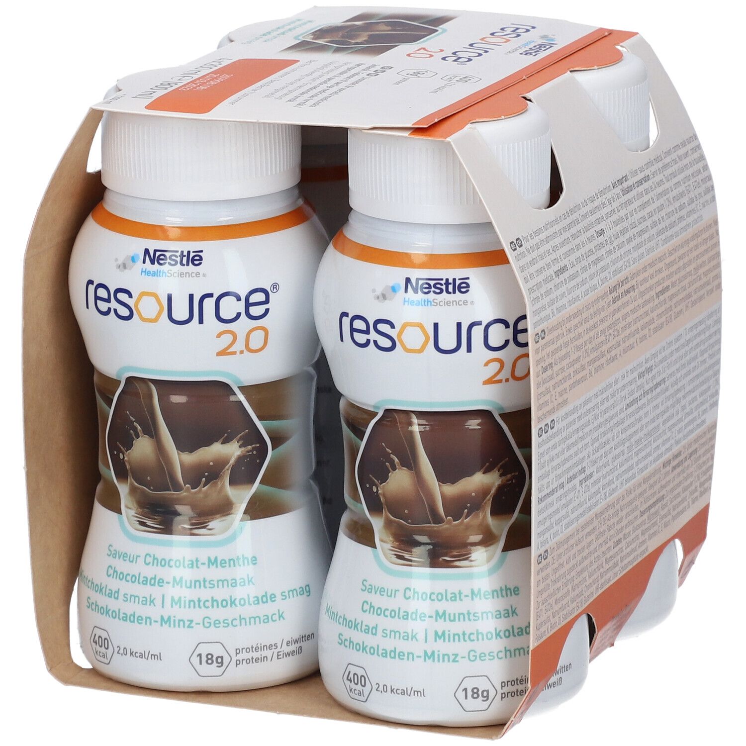 Emballage de quatre bouteilles. Inscription: resource 2.0, Chocolat-Menthe. Logo Nestle Health Science. 4x200 ml.