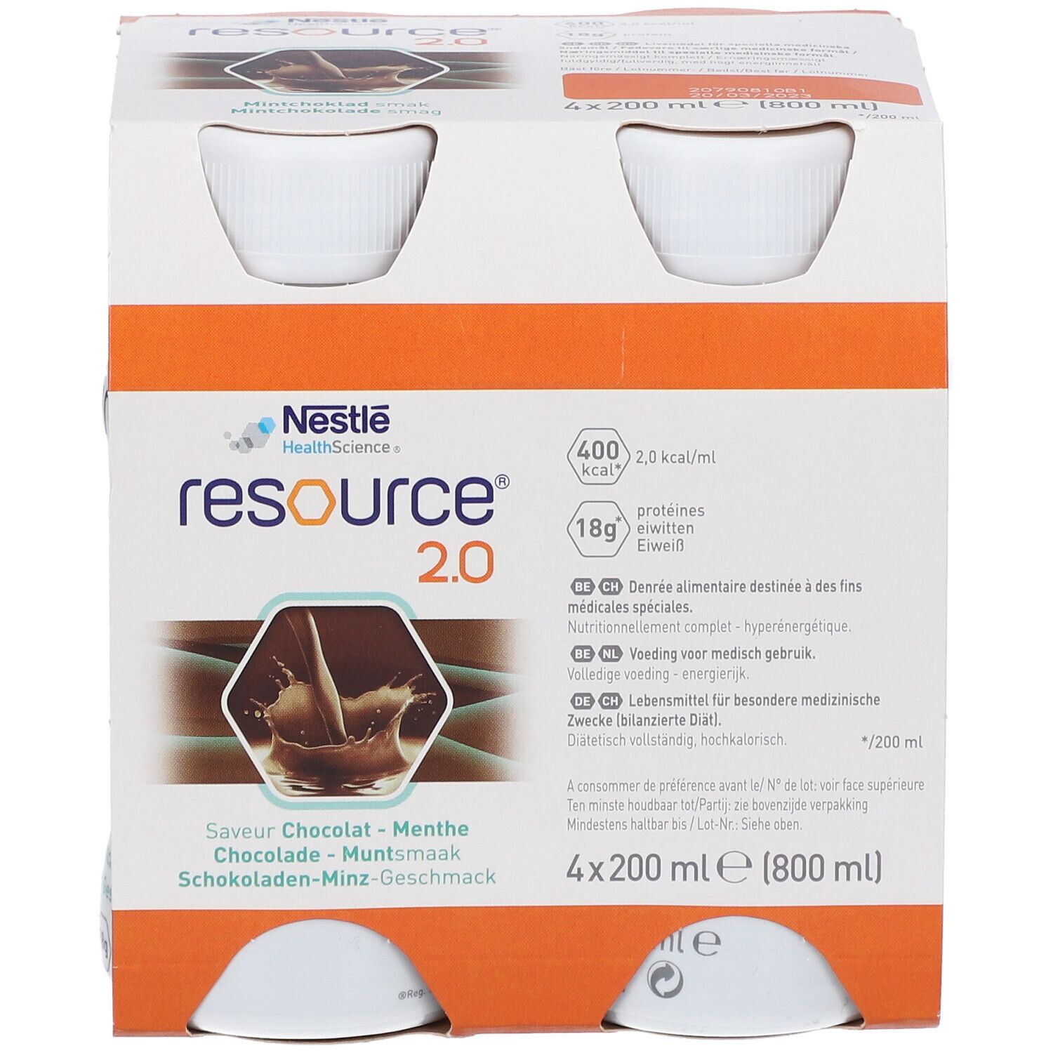 Emballage de quatre bouteilles. Inscription: resource 2.0, Chocolat-Menthe. Logo Nestle Health Science. 4x200 ml.