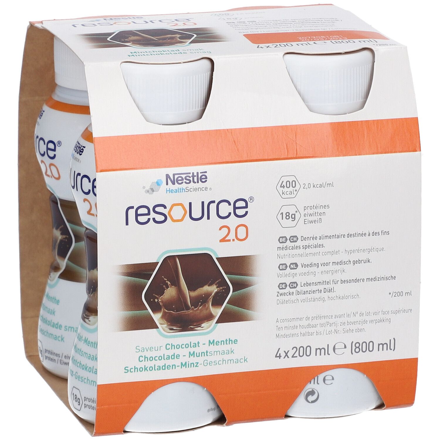 Emballage de quatre bouteilles. Inscription: resource 2.0, Chocolat-Menthe. Logo Nestle Health Science. 4x200 ml.