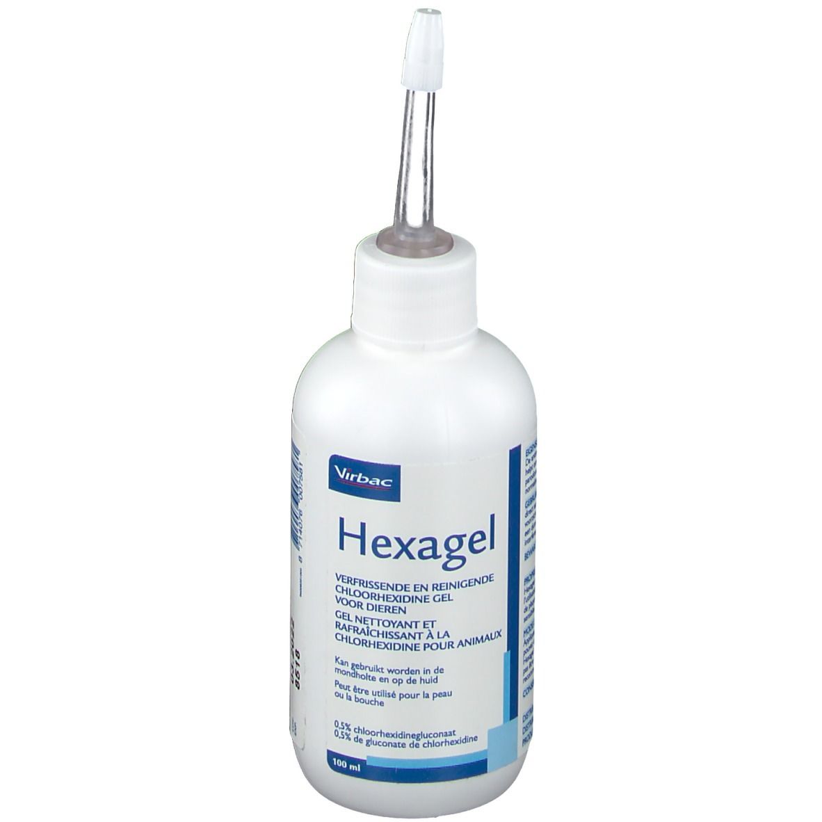 Flacon blanc avec applicateur. Inscription: Virbac Hexagel. Contient du gluconate de chlorhexidine. Pour animaux.