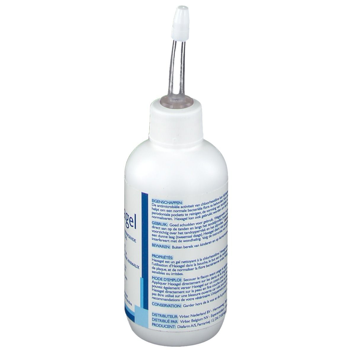 Flacon blanc avec applicateur. Dos avec texte. Contient du gluconate de chlorhexidine. Pour animaux.