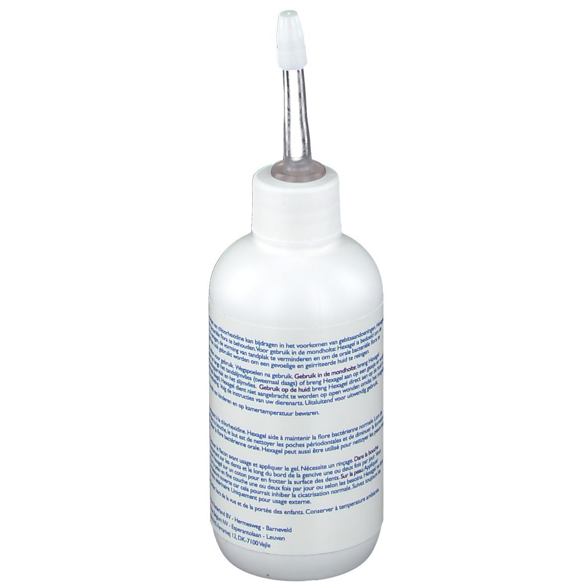 Flacon blanc avec applicateur. Dos avec texte. Contient du gluconate de chlorhexidine. Pour animaux.