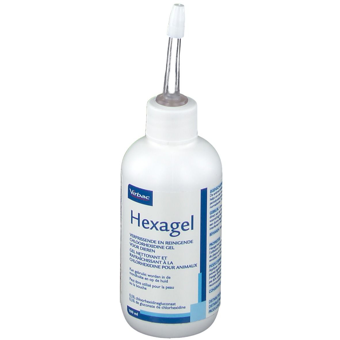 Flacon blanc avec applicateur. Inscription: Virbac Hexagel. Contient du gluconate de chlorhexidine. Pour animaux.