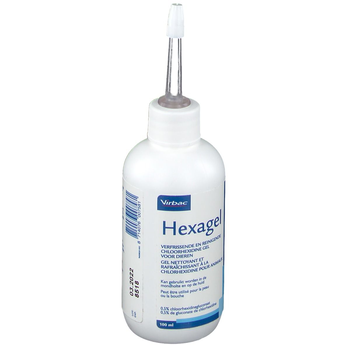 Flacon blanc avec applicateur. Inscription: Virbac Hexagel. Contient du gluconate de chlorhexidine. Pour animaux. Date de péremption.