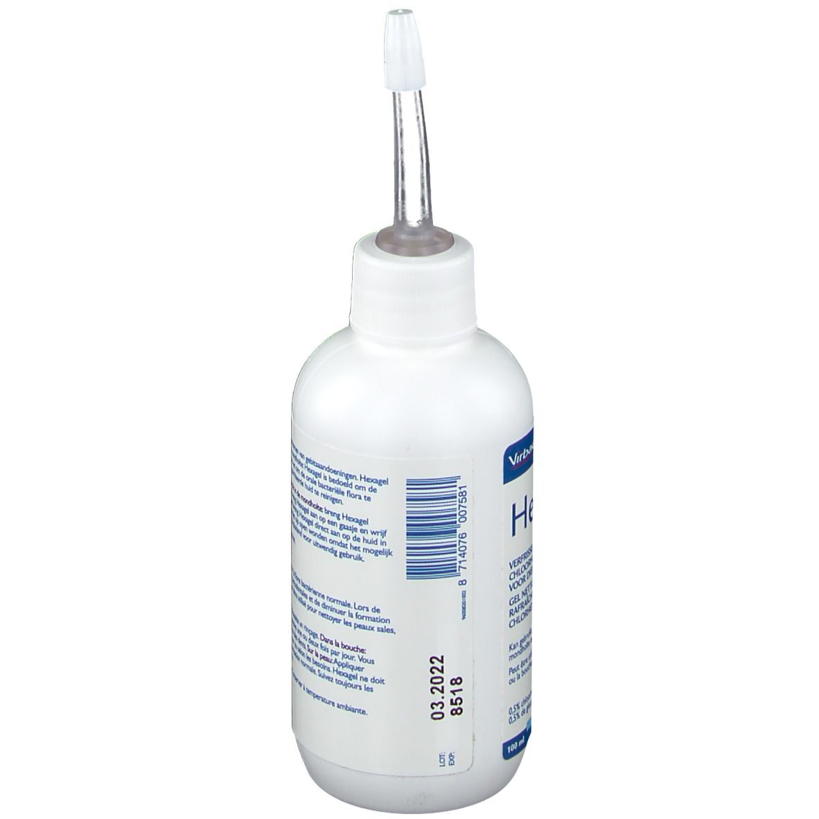 Flacon blanc avec applicateur. Dos avec texte et date de péremption. Contient du gluconate de chlorhexidine. Pour animaux.