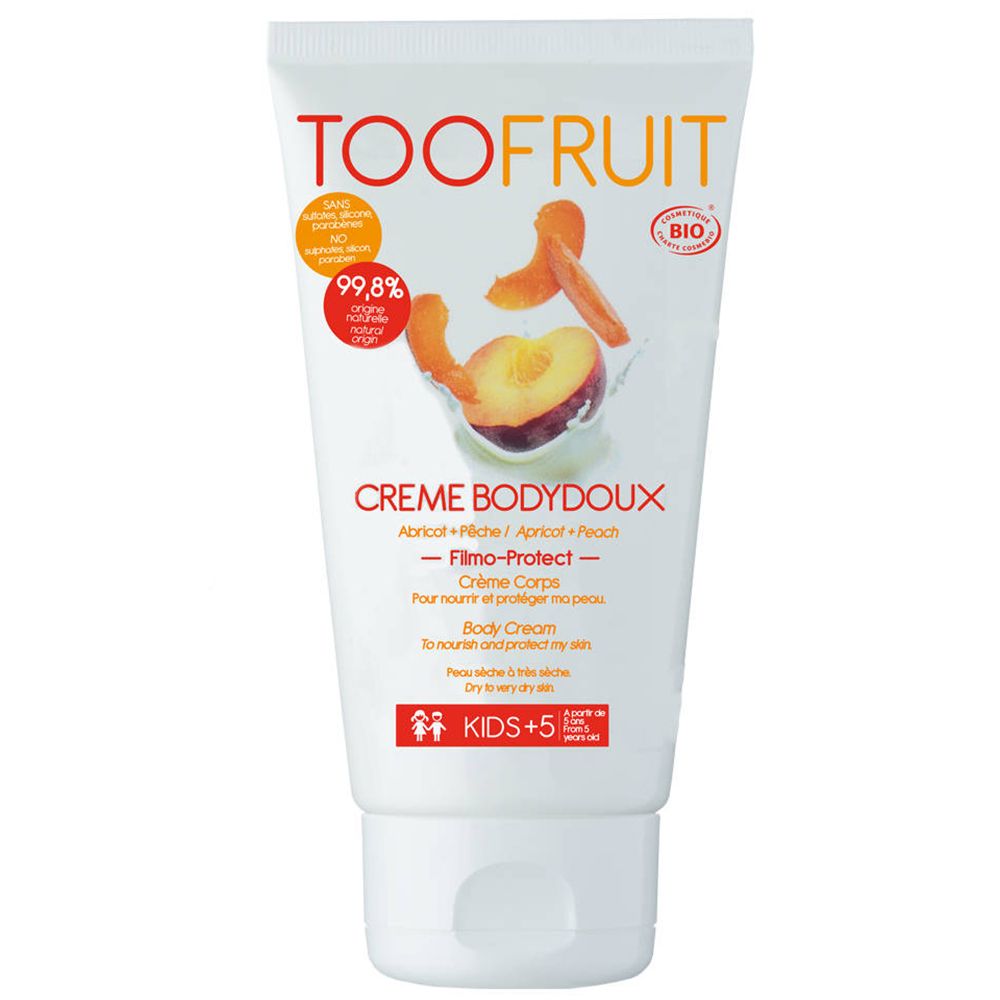 Tube blanc TOOFRUIT avec pêche et abricot. Texte: Crème Bodydoux, Kids +5. Label BIO.