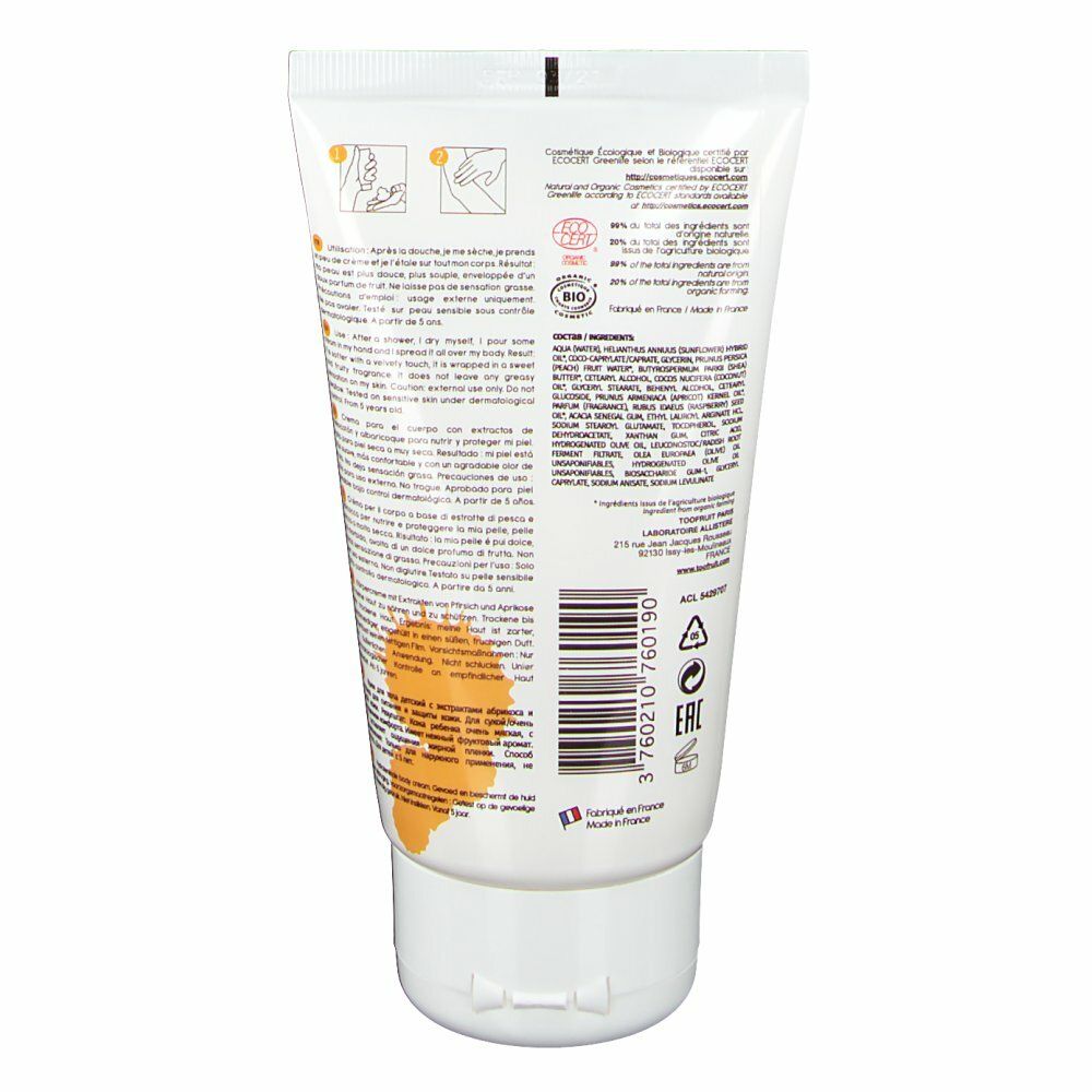 Dos du tube. Ingrédients, informations fabricant, code-barres. Certification BIO.