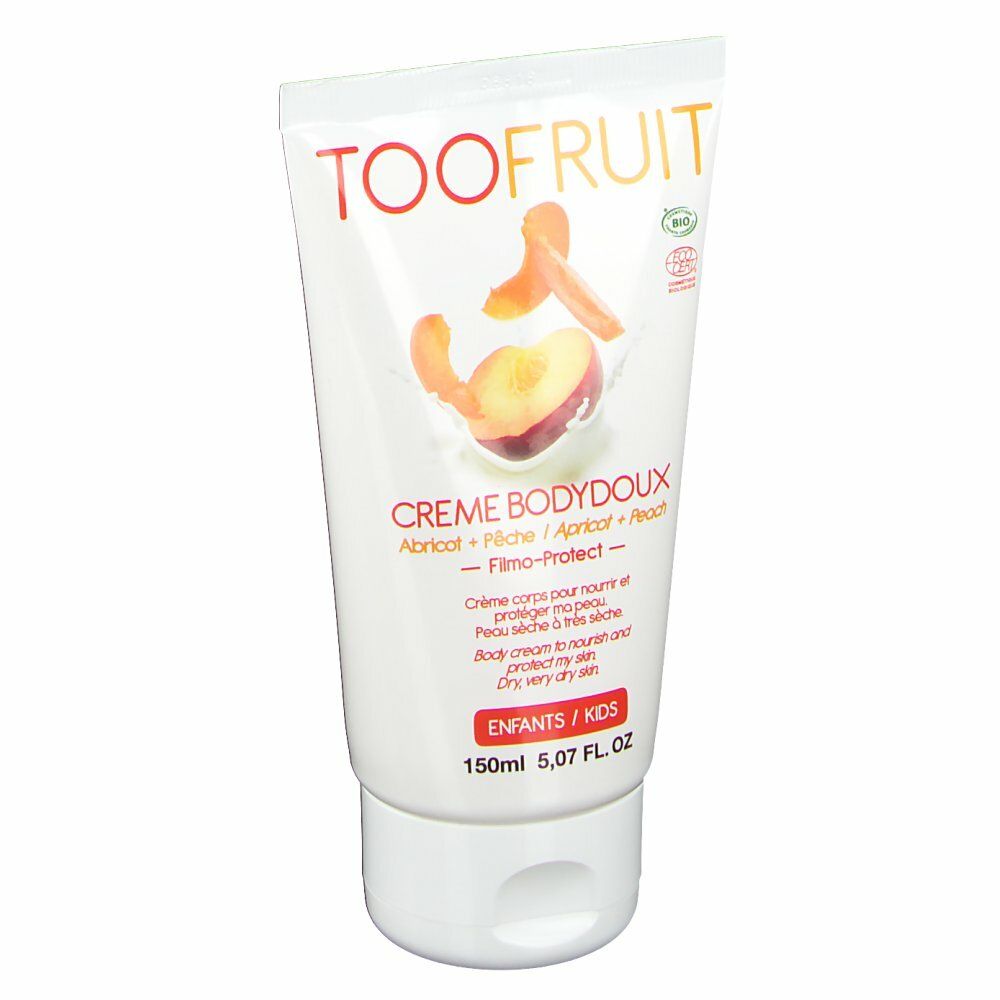 Tube blanc avec logo TOOFRUIT et pêche/abricot. Texte: Crème Bodydoux, 150ml.
