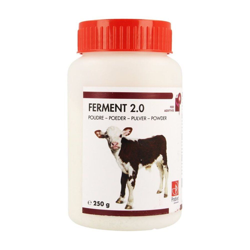Récipient blanc à couvercle rouge, 250g de poudre. Étiquette avec 'Ferment 2.0' et un jeune bovin.
