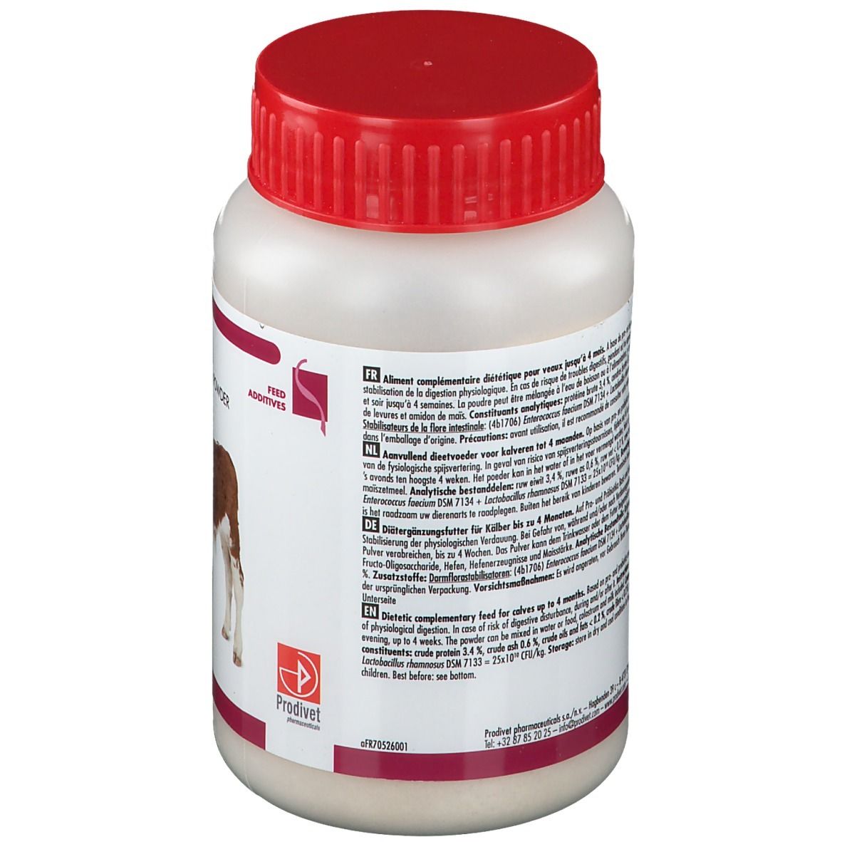 Pot blanc avec couvercle rouge. Texte sur l'étiquette. Nom du produit non visible. Vue arrière.