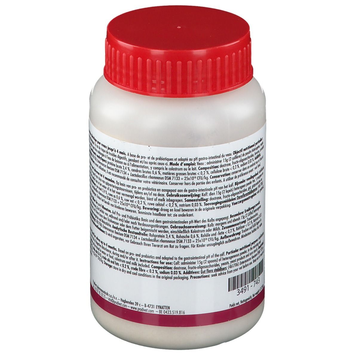 Pot blanc avec couvercle rouge. Texte sur l'étiquette. Nom du produit non visible. Vue arrière.