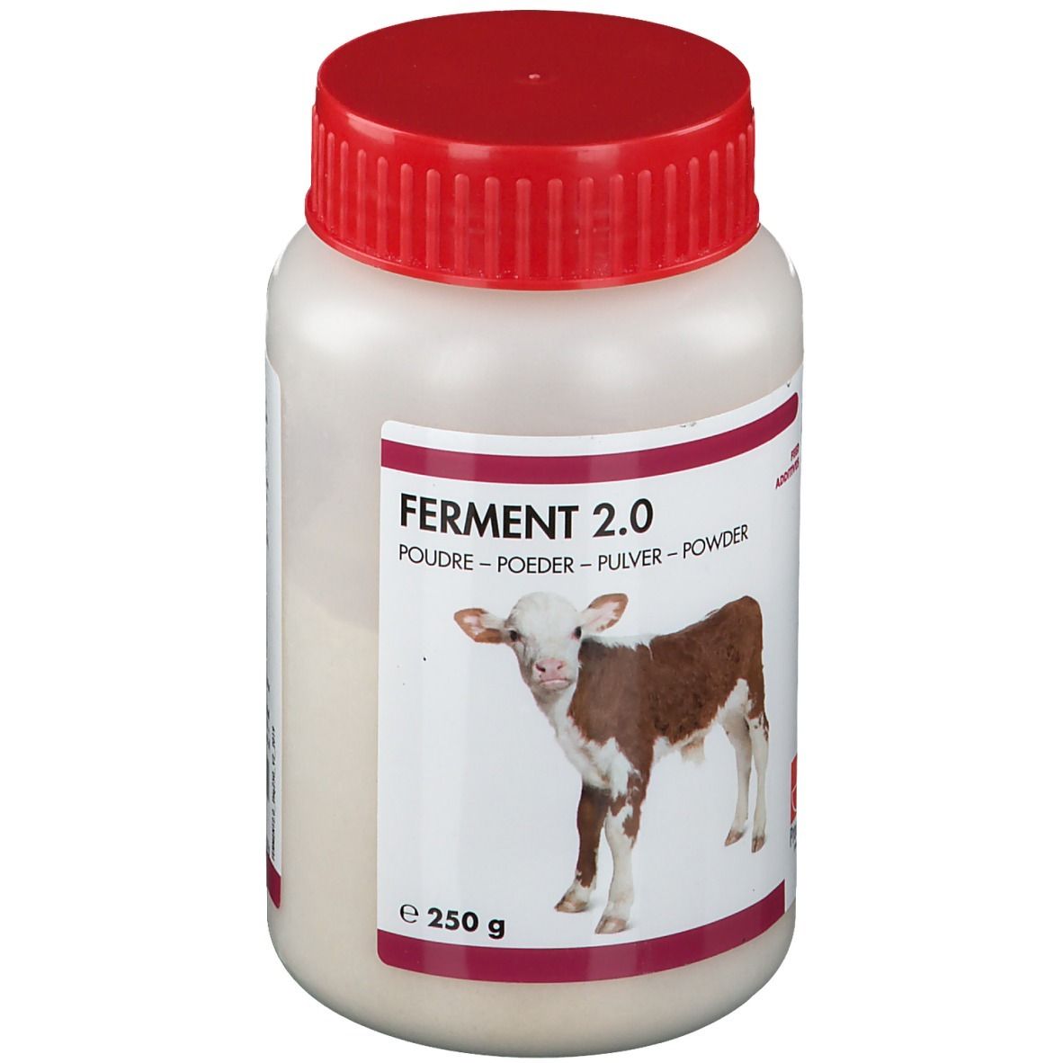 Pot blanc avec couvercle rouge. Inscription Ferment 2.0. Illustration d'un veau. 250 g.