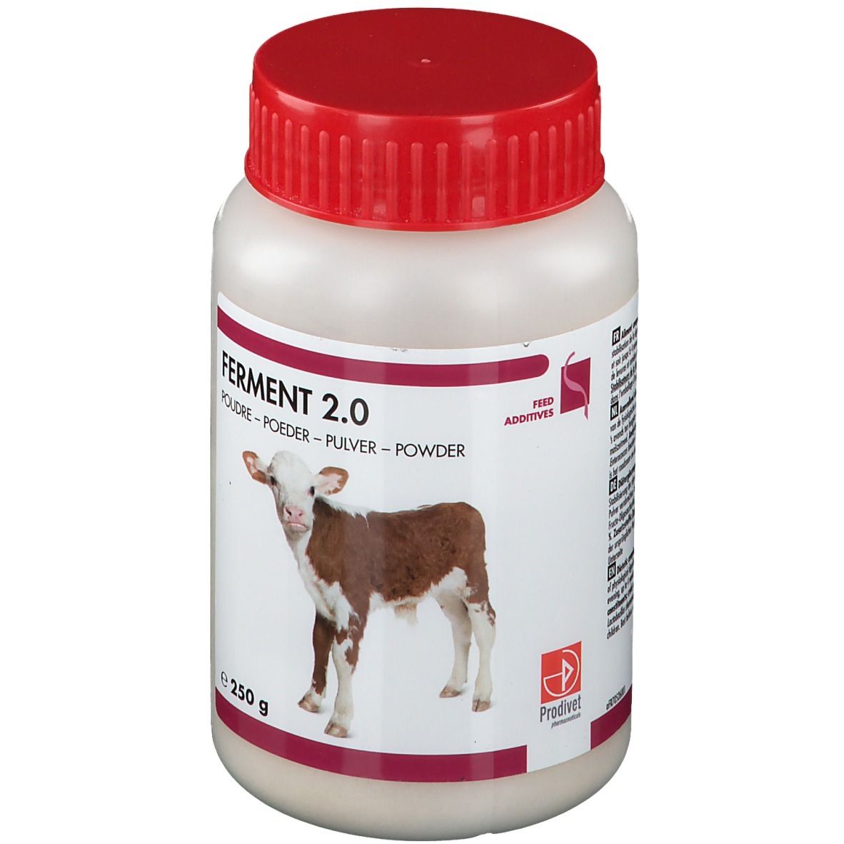 Pot blanc avec couvercle rouge. Inscription Ferment 2.0. Illustration d'un veau. 250 g.