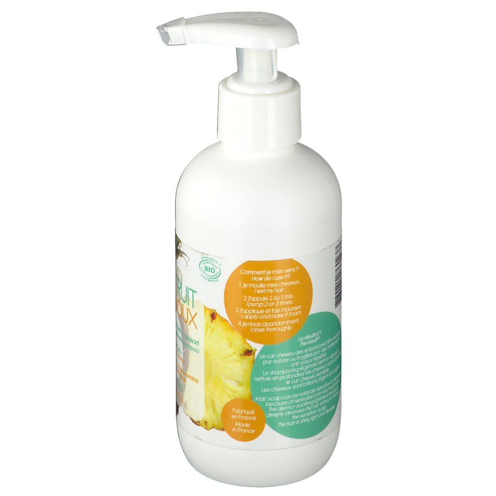 Flacon blanc avec pompe. Étiquette avec texte et illustration d'ananas. Certification bio.