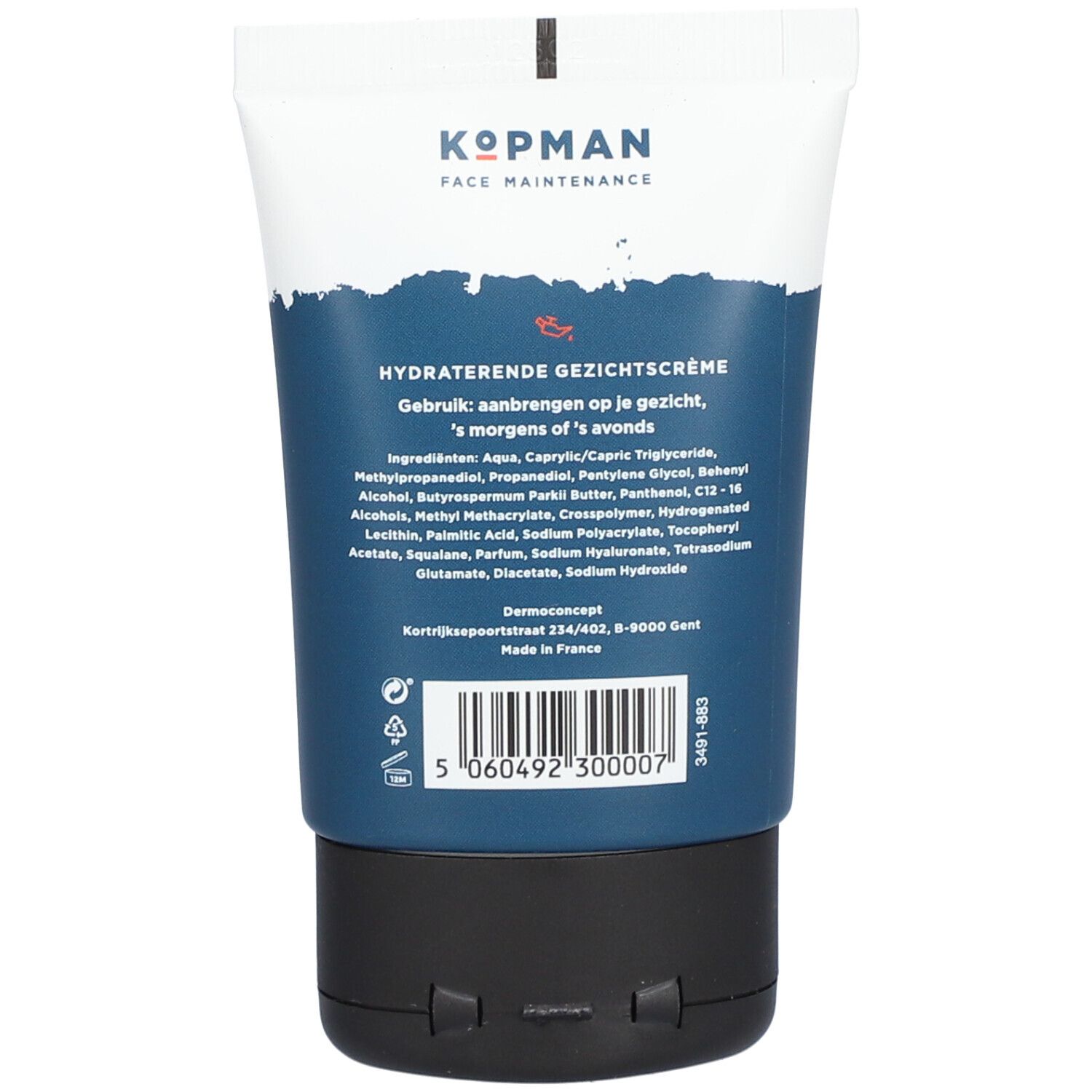 Arrière du tube de crème pour le visage Kopman avec ingrédients et instructions.