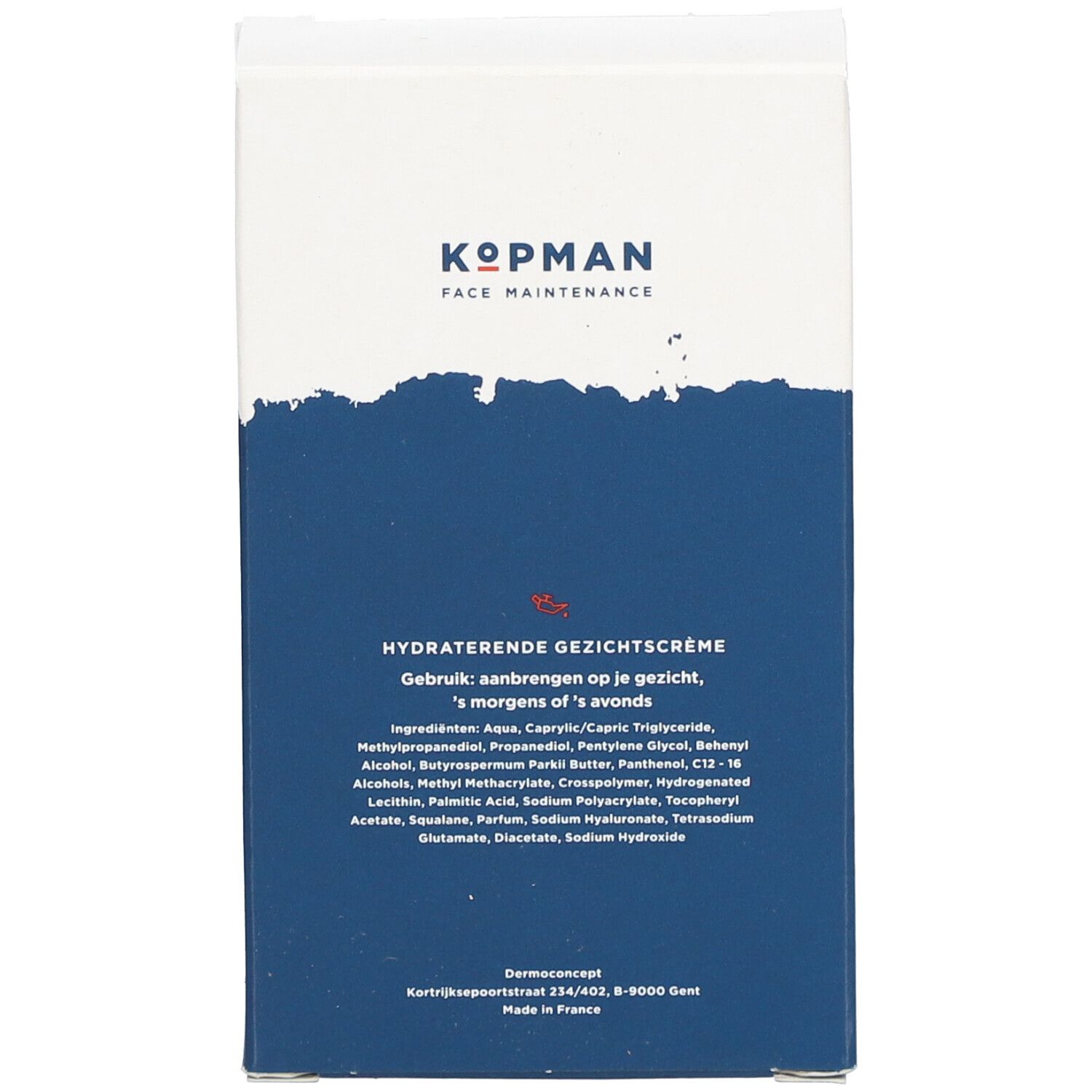 Arrière de la boîte d'emballage de la crème pour le visage Kopman avec informations produit.