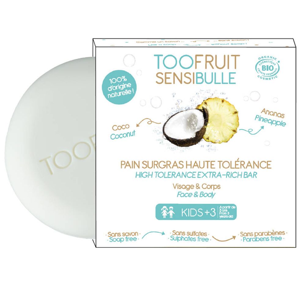 Savon blanc et emballage. Sur l'emballage: TOOFUIT SENSIBULLE, noix de coco, ananas, certification bio. Visage & corps, Kids +3.