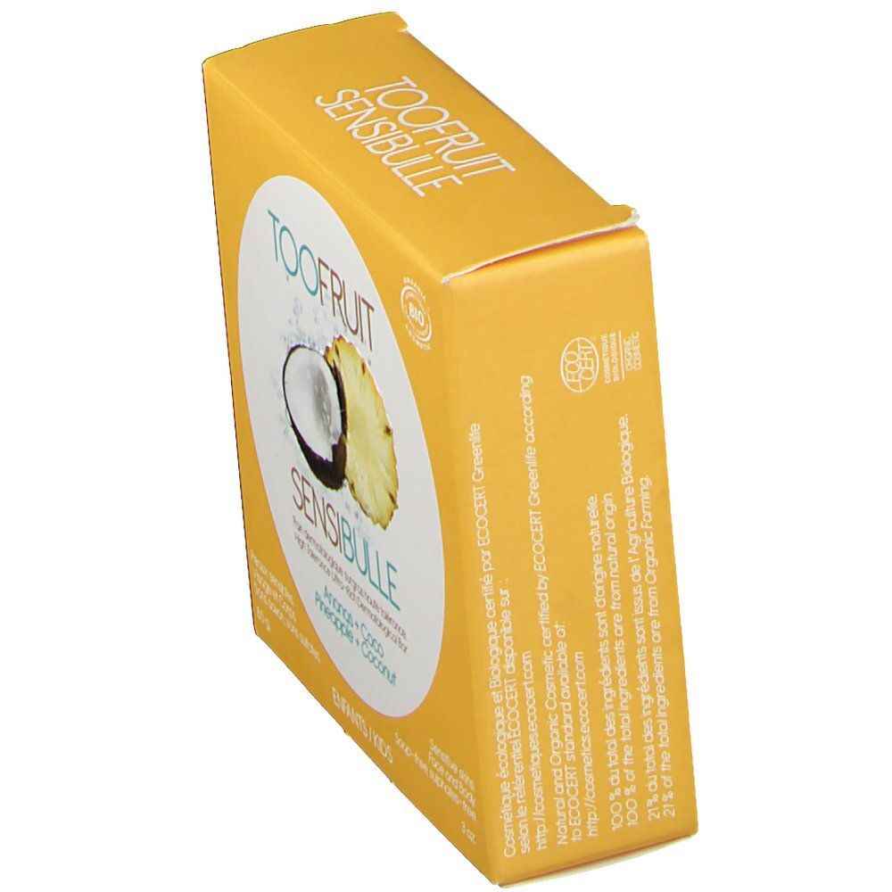 Emballage jaune, en biais. Impression: TOOFUIT SENSIBULLE, noix de coco, ananas, certification bio. Texte sur ingrédients et certification.