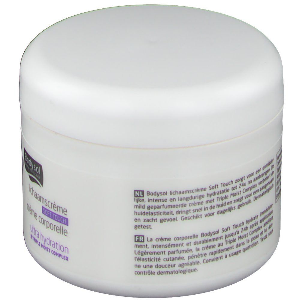 Pot blanc avec couvercle. Inscription : Bodysol, crème corporelle, Ultra Hydratation. Texte en néerlandais et français.