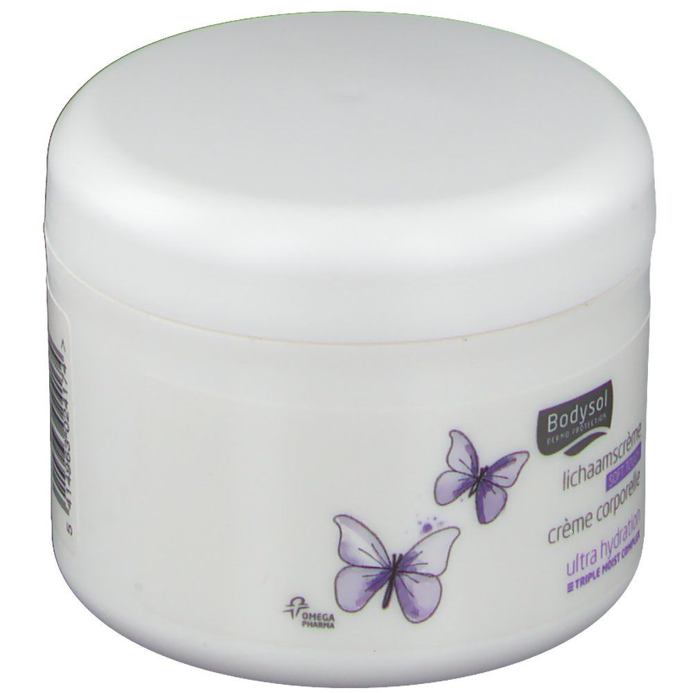 Pot blanc avec couvercle. Inscription : Bodysol, crème corporelle, Ultra Hydratation. Graphique papillon violet.