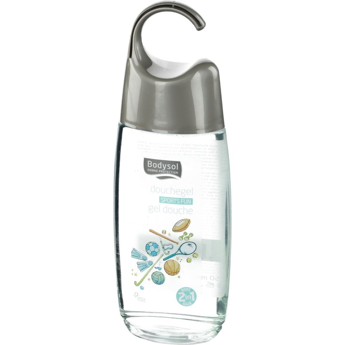 Flacon transparent avec bouchon et crochet gris. Inscription: Bodysol Duschgel Sports Fun Kids 2 in 1. Illustrations d'articles de sport.