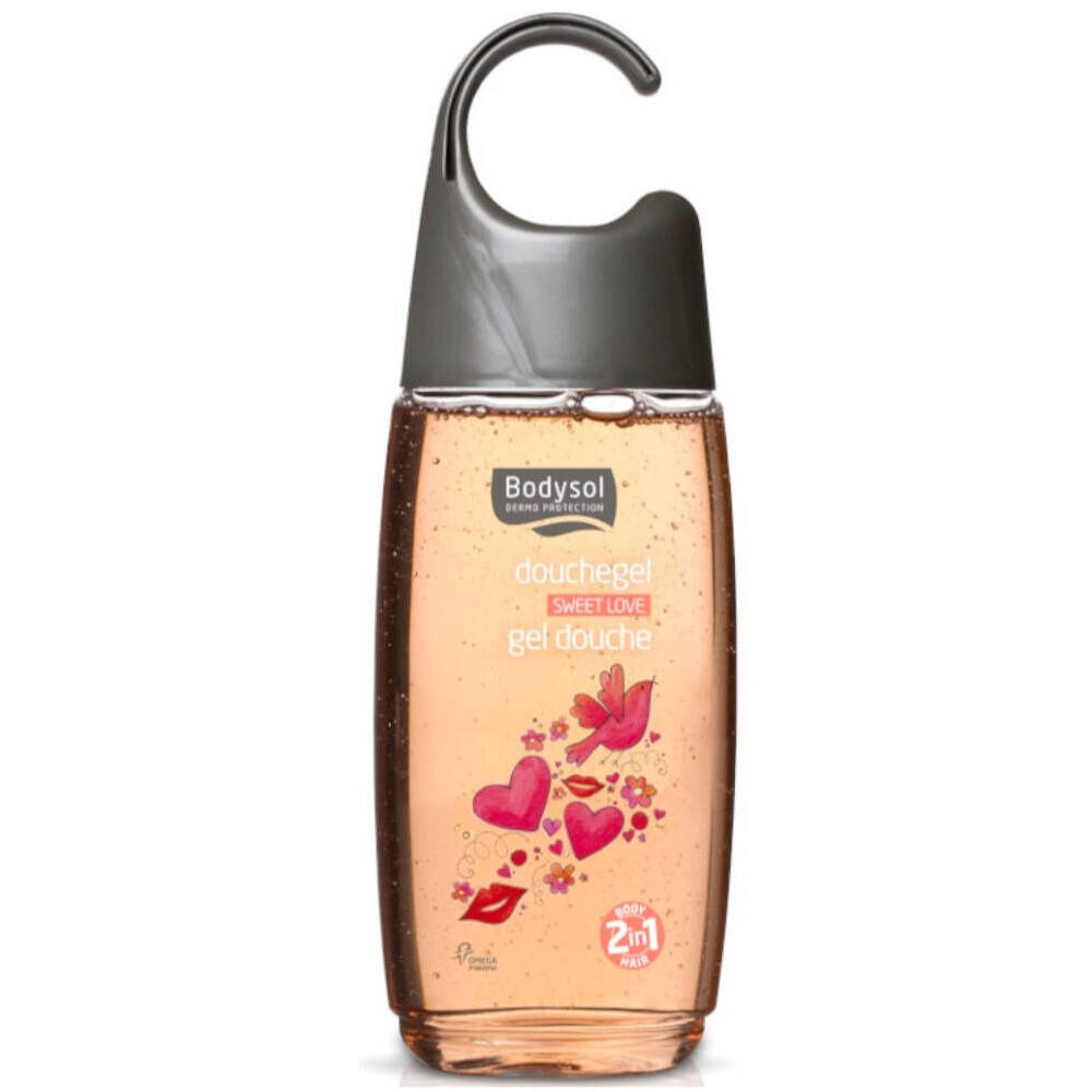 Gel douche Bodysol Sweet Love, avec accroche. Liquide rose, décor coeurs et lèvres. Flacon transparent.