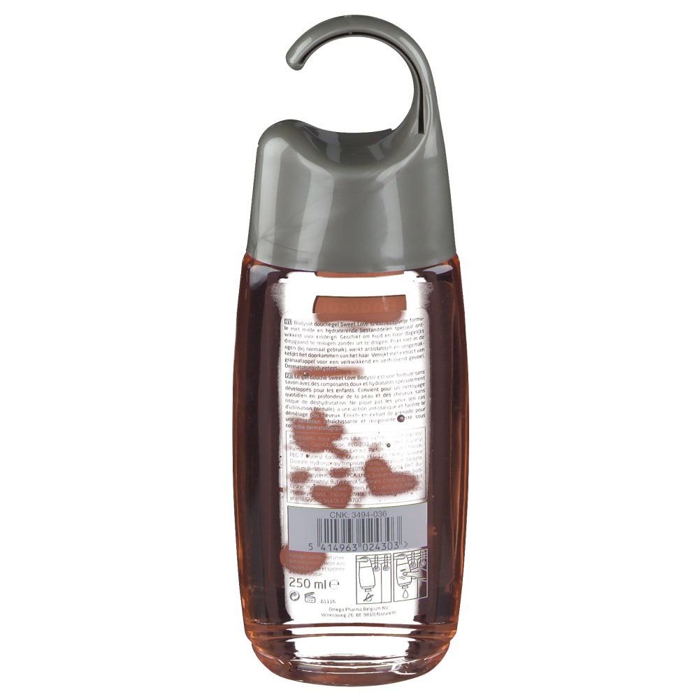 Dos du flacon de gel douche. Bodysol. Liquide rose. Texte et design coeurs et lèvres.