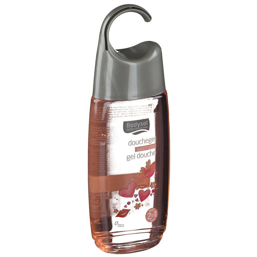 Gel douche Bodysol Sweet Love, avec accroche. Liquide rose, décor coeurs et lèvres. Flacon transparent.