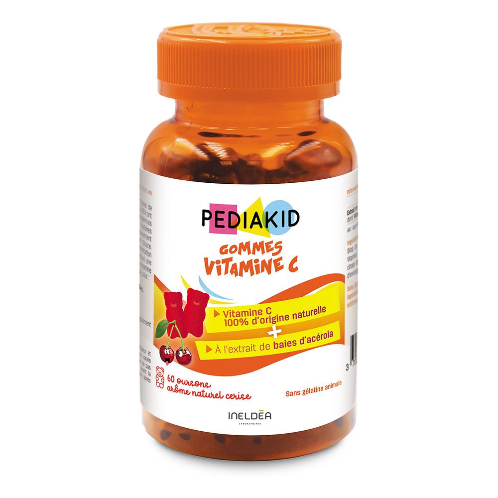 Flacon orange avec bonbons gélifiés. Inscription: PEDIAKID, GOMMES VITAMINE C. 60 gommes, goût cerise.